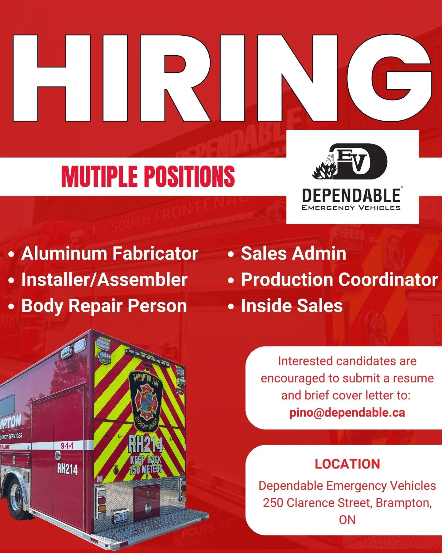 🚨 Apply Today &ndash; Join Our Team at Dependable Emergency Vehicles! 🚨

📩 Send your resume &amp; cover letter to pino@dependable.ca &ndash; Start your career building life-saving vehicles today!