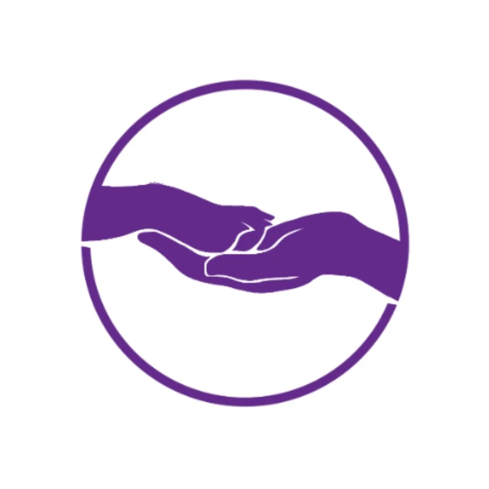 Two purple hands reaching towards each other within a purple circle, symbolizing connection or support.
