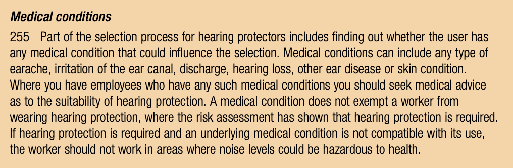 Extract from L108 saying that medical exemptions are not possible if hearing protection is needed.