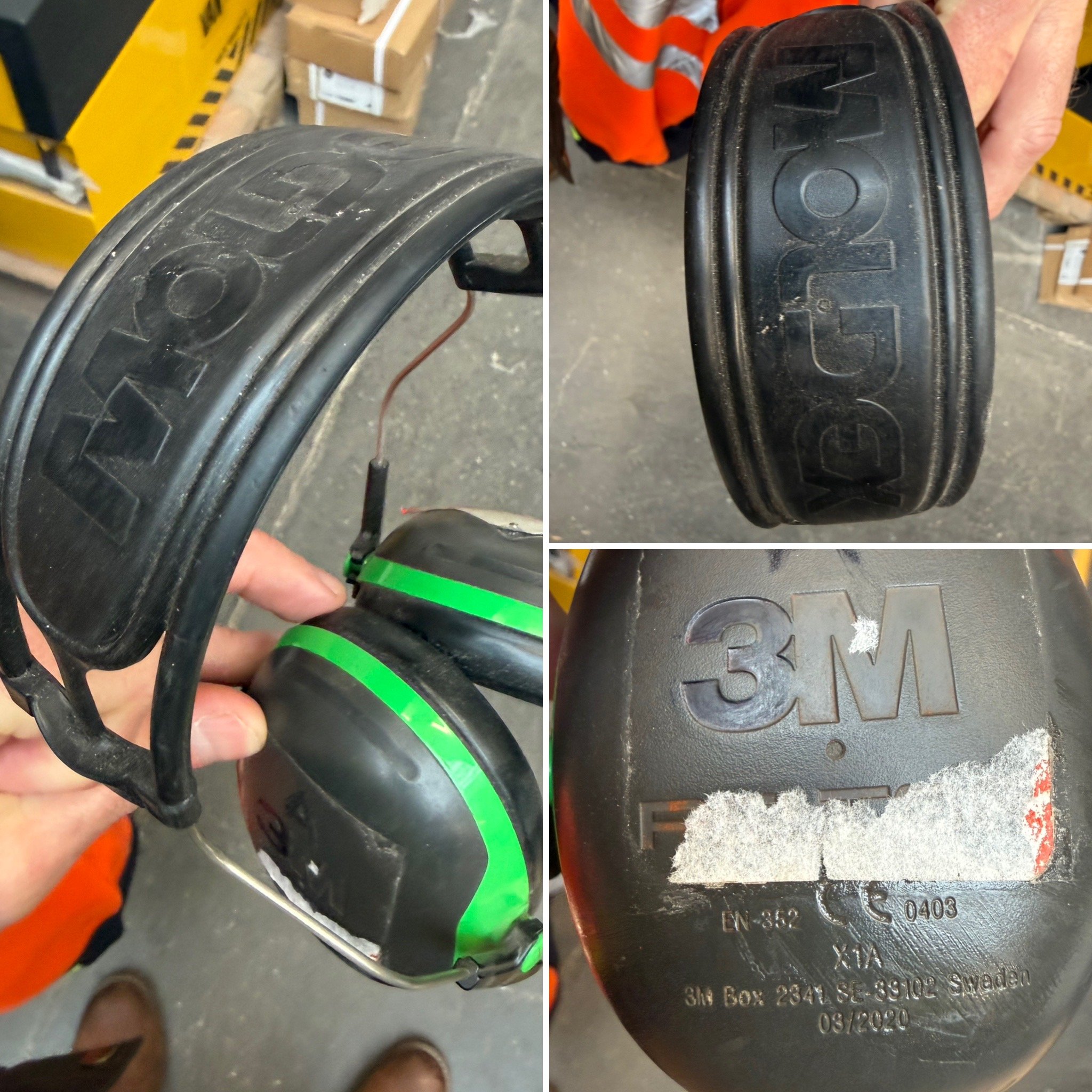 Composite image showing a Moldex ear muffler headband but fitted with 3M Peltor cups