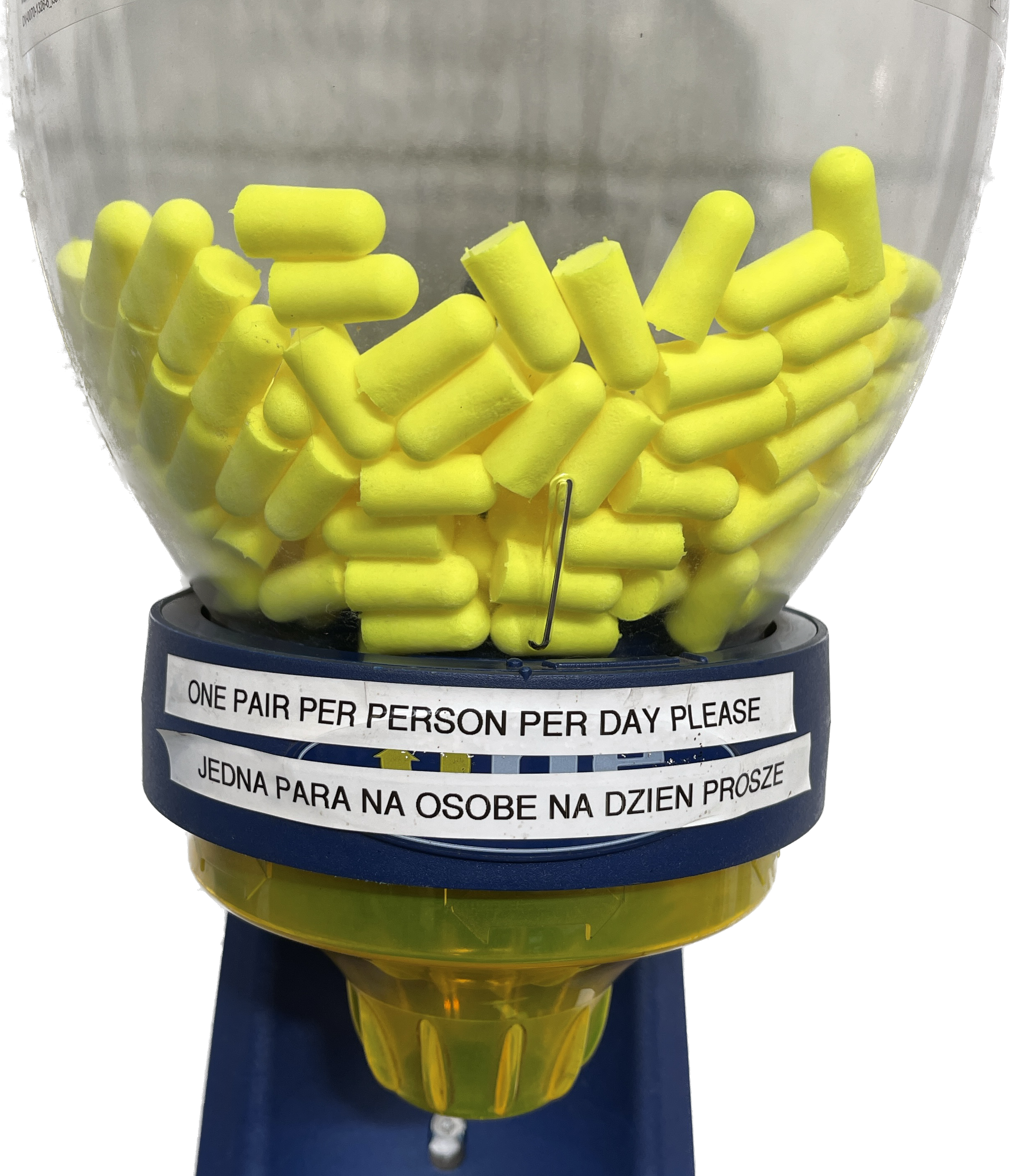 A dispenser of foam ear plugs with a warning added to only use one pair per day