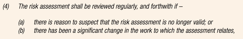 Extract of the Noise Regulations saying that a noise risk assessment shall be reviewed when needed