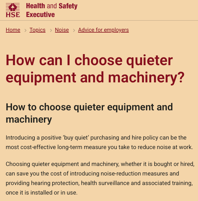 Screenshot of HSE website saying employers shall have a Buy Quiet policy in place for noise