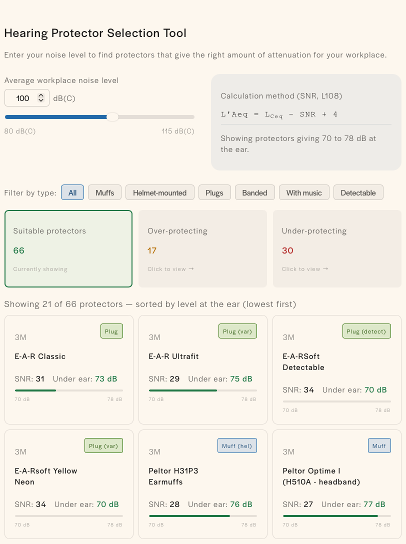 Screenshot of a tool for choosing suitable hearing protection based on the noise levels measured in a noise assessment