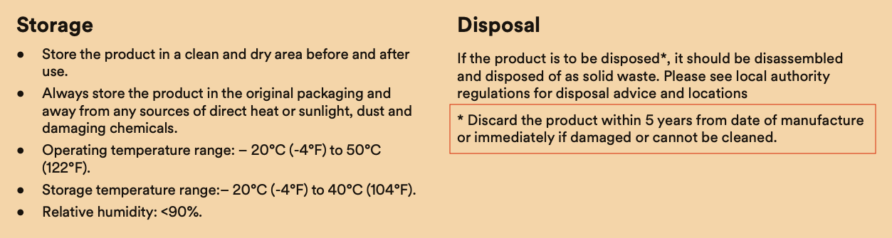 Extract from the 3M Peltor user manual stating a five year shelf life