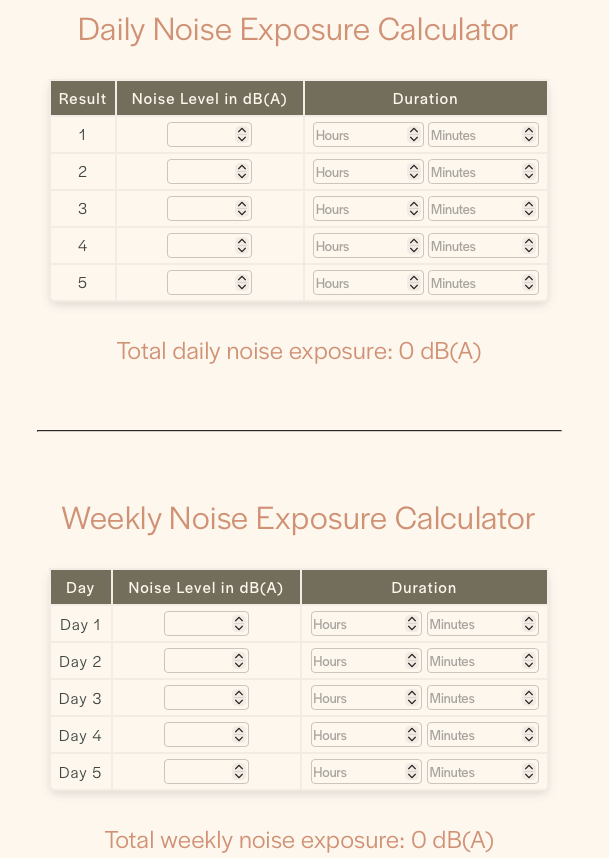 Screenshot of a free tool to calculate both daily and weekly noise exposures, useful in a noise assessment