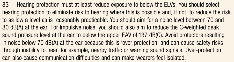 Extract from L108 where the HSE say noise levels under hearing protection should be between 70 and 80 dB(A)