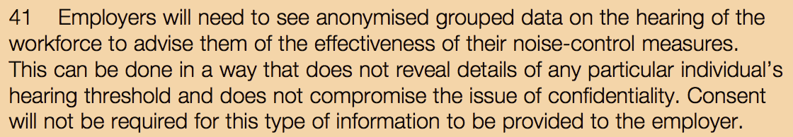 Extract from L108 stating the employer should only see anonymous results from hearing testing