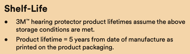 Part of the 3M EAR Classic user manual which states a five year shelf life