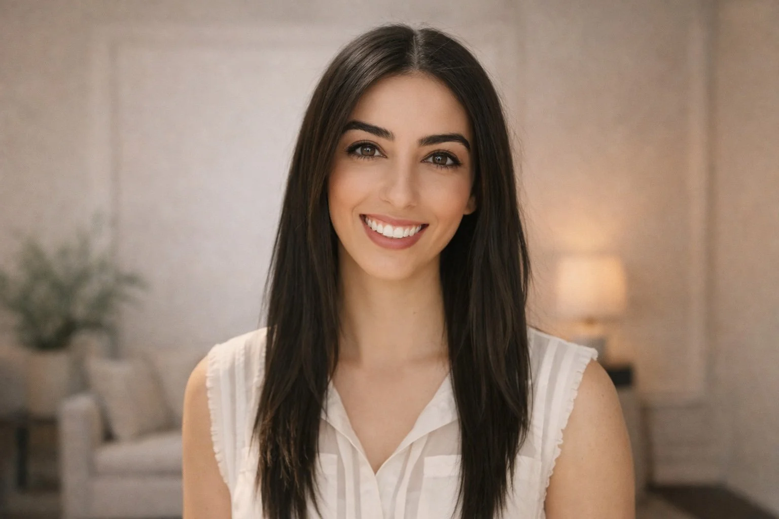 Smiling young woman with long dark hair in a white sleeveless top in a softly lit living room.