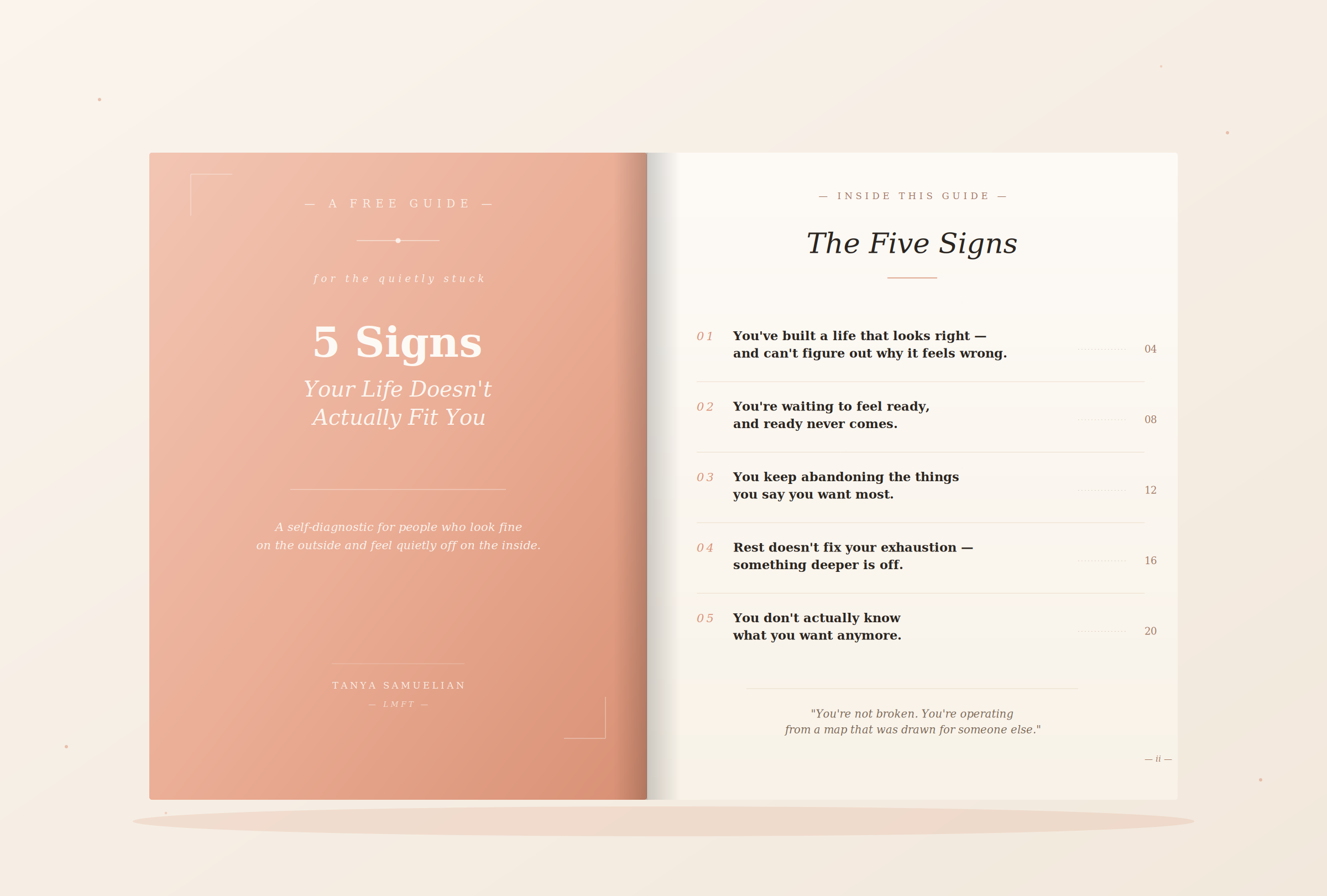 Open book or magazine featuring pages about the five signs your life doesn't actually fit you, with a soft peach and cream color scheme.