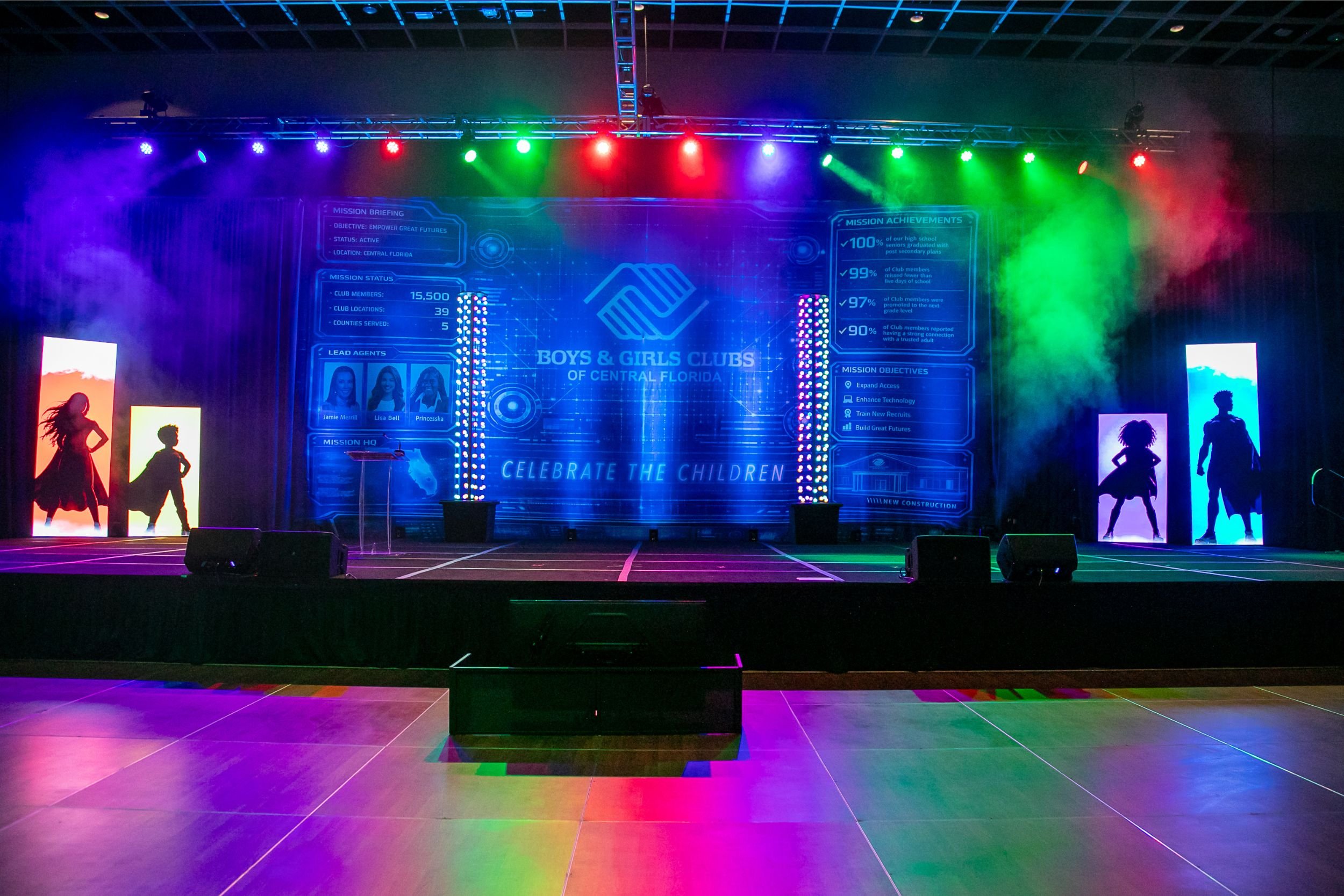 Stage set with event lighting and Celebrate the Children branding at Rosen Shingle Creek