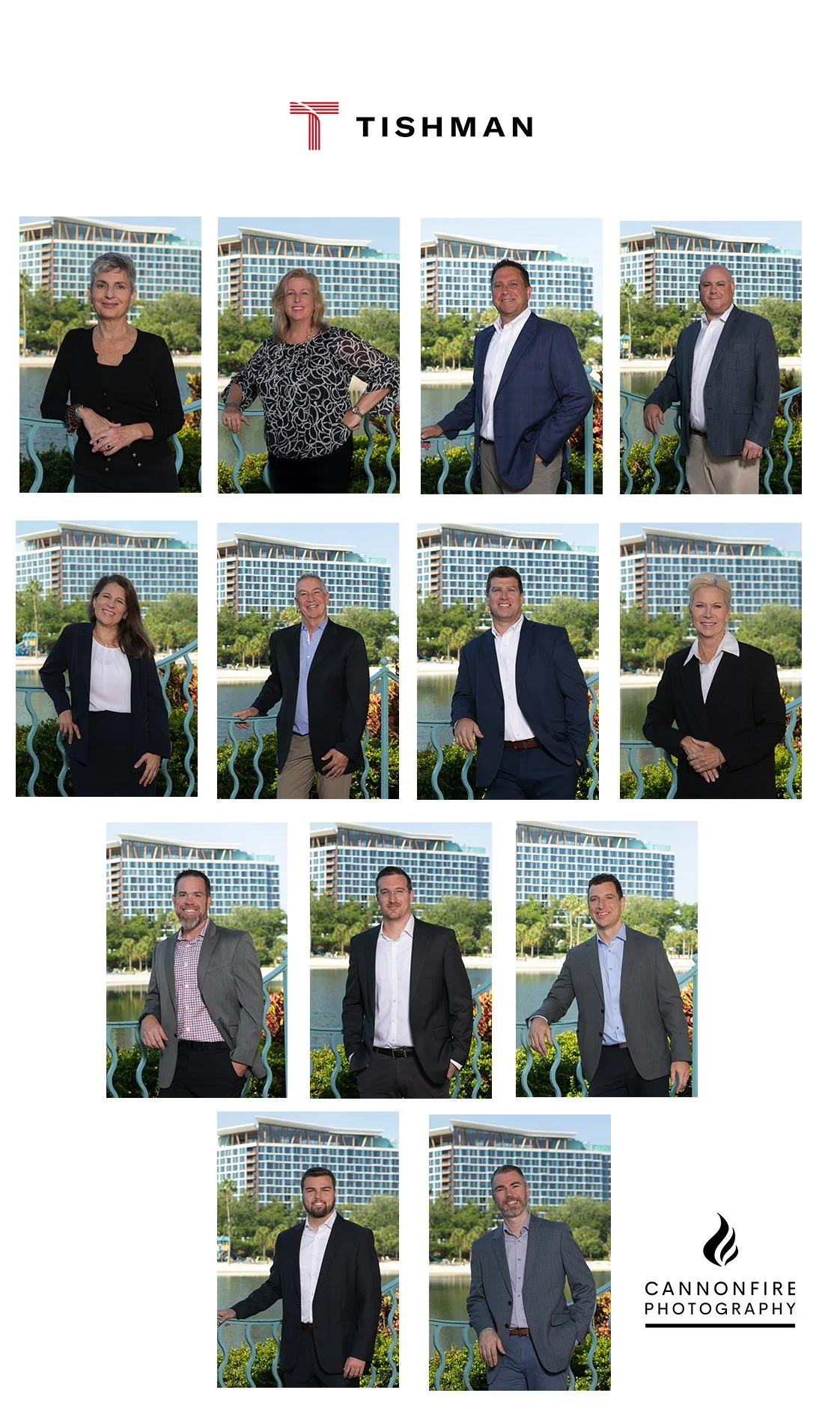 Tishman executives' team photo outdoors at the Swan-Dolphin resort, with the Swan Reserve hotel in the background.