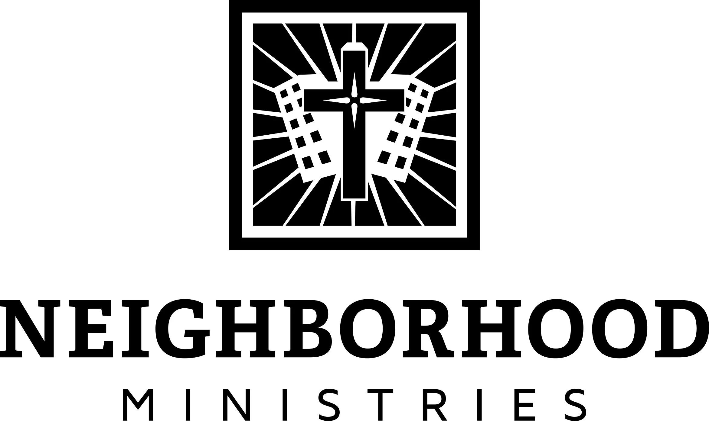 Logo of Neighborhood Ministries, featuring a cross with rays of light and a stylized pair of wings, with the words 'Neighborhood Ministries' below.