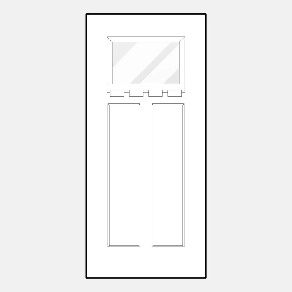 Line drawing of a front door with a window above, outlined in black and white.