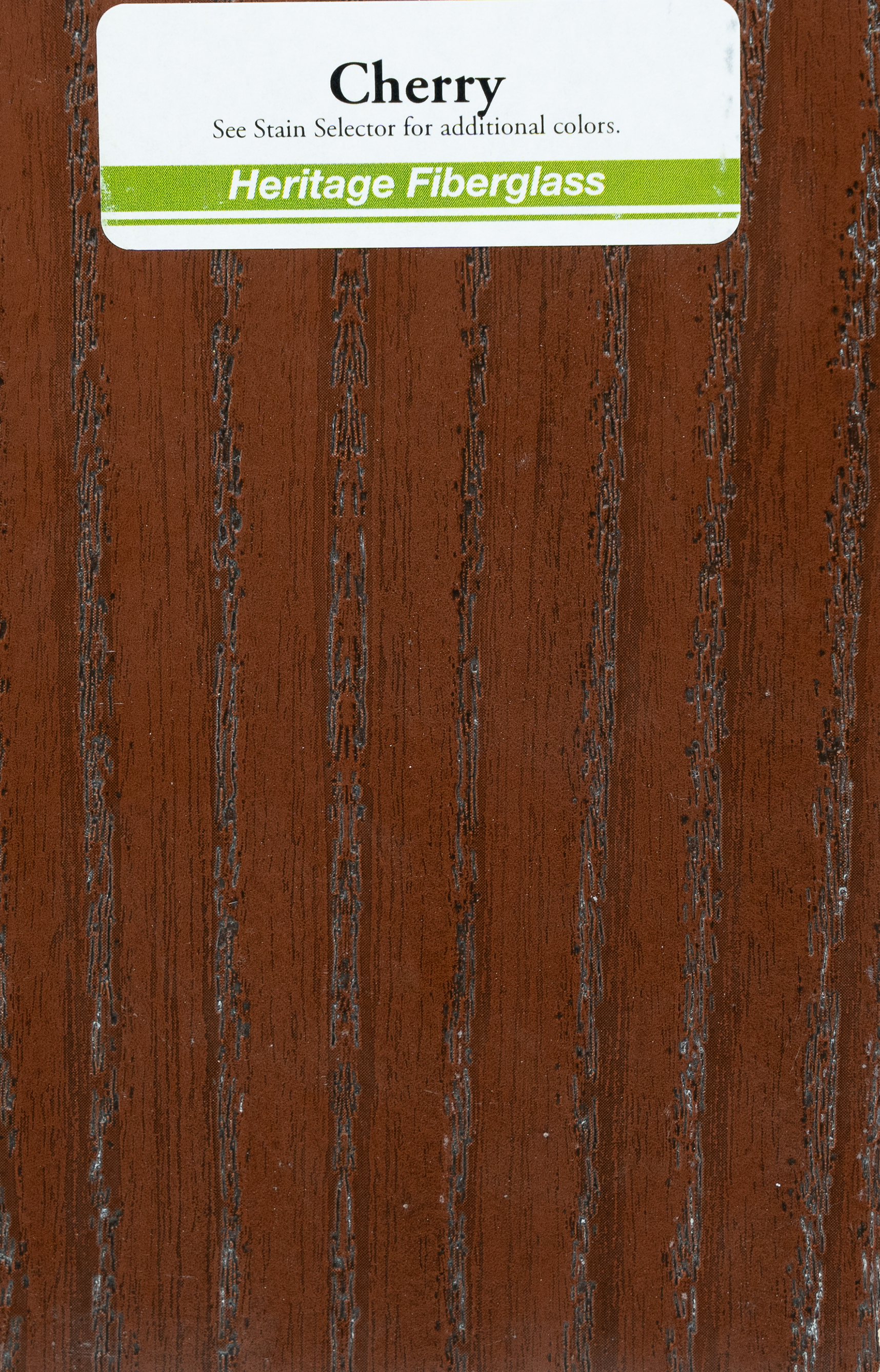 Sample woodgrain pattern in a cherry color with a label indicating 'Cherry Also see stain selector for additional colors, Heritage Fiberglass'.