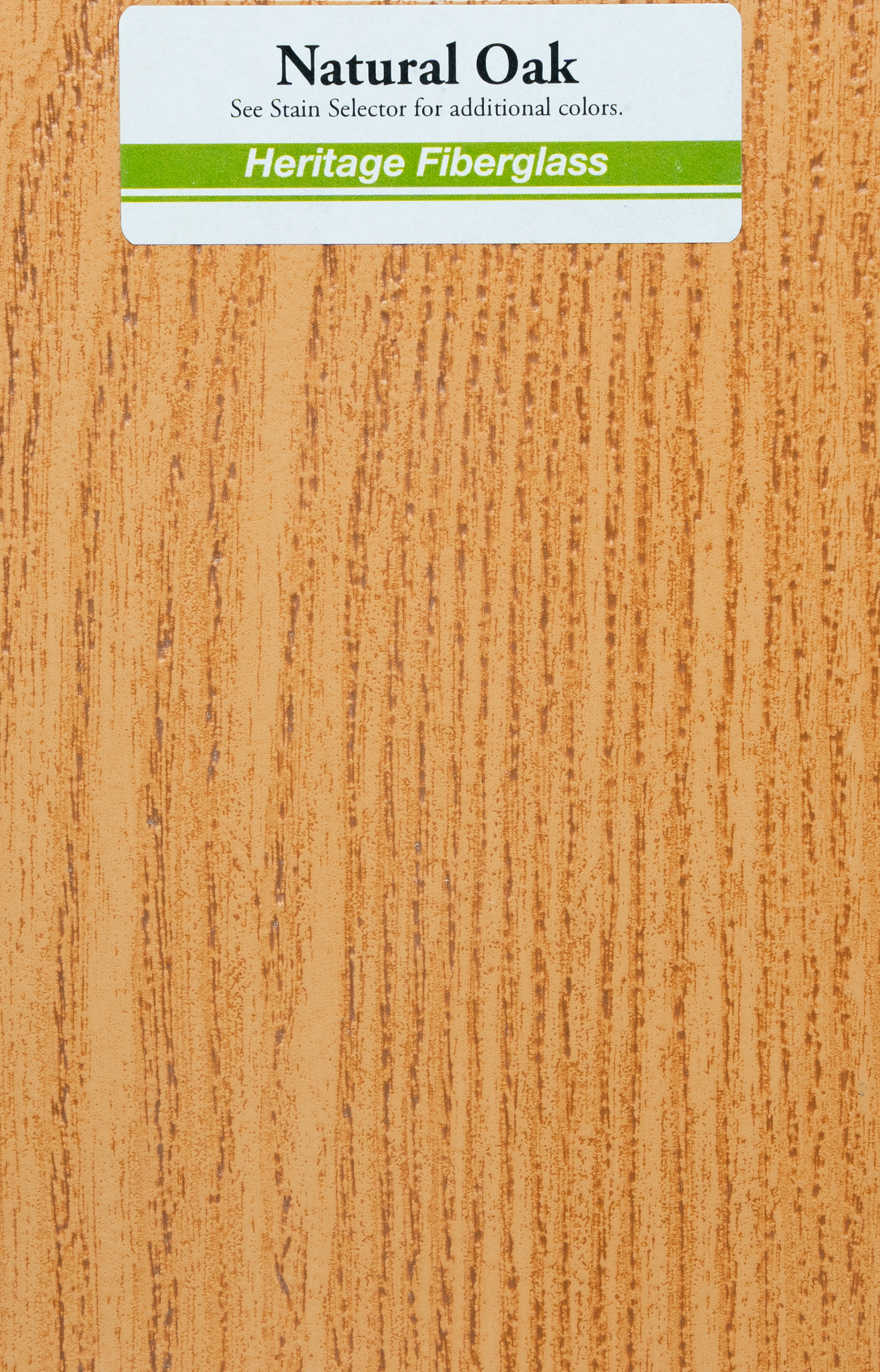 A sample piece of wood grain with a label at the top indicating 'Natural Oak' and 'Heritage Fiberglass'.