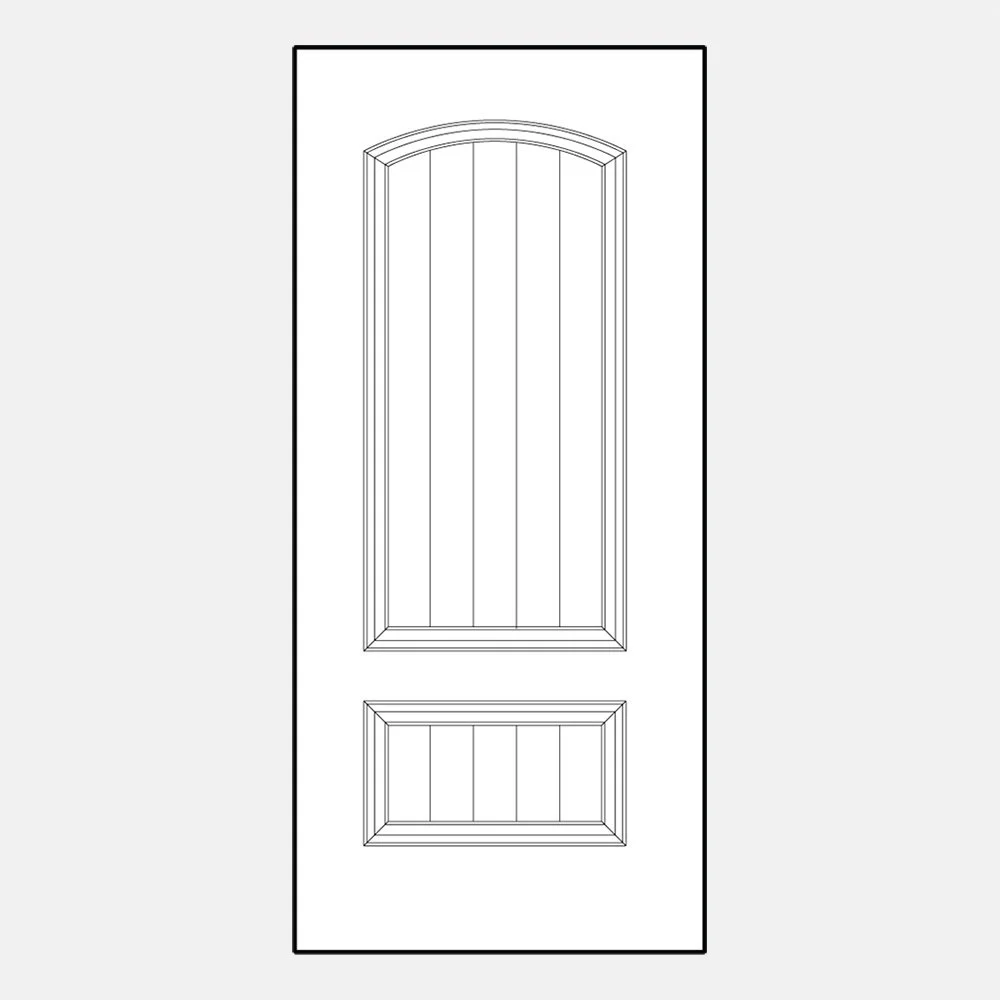 Line drawing of a door with a curved top panel and a rectangular bottom panel, both with framed moldings.