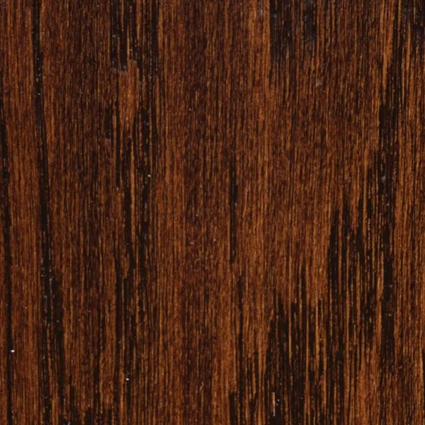 Close-up of a wooden surface with dark brown stain and vertical grain patterns.