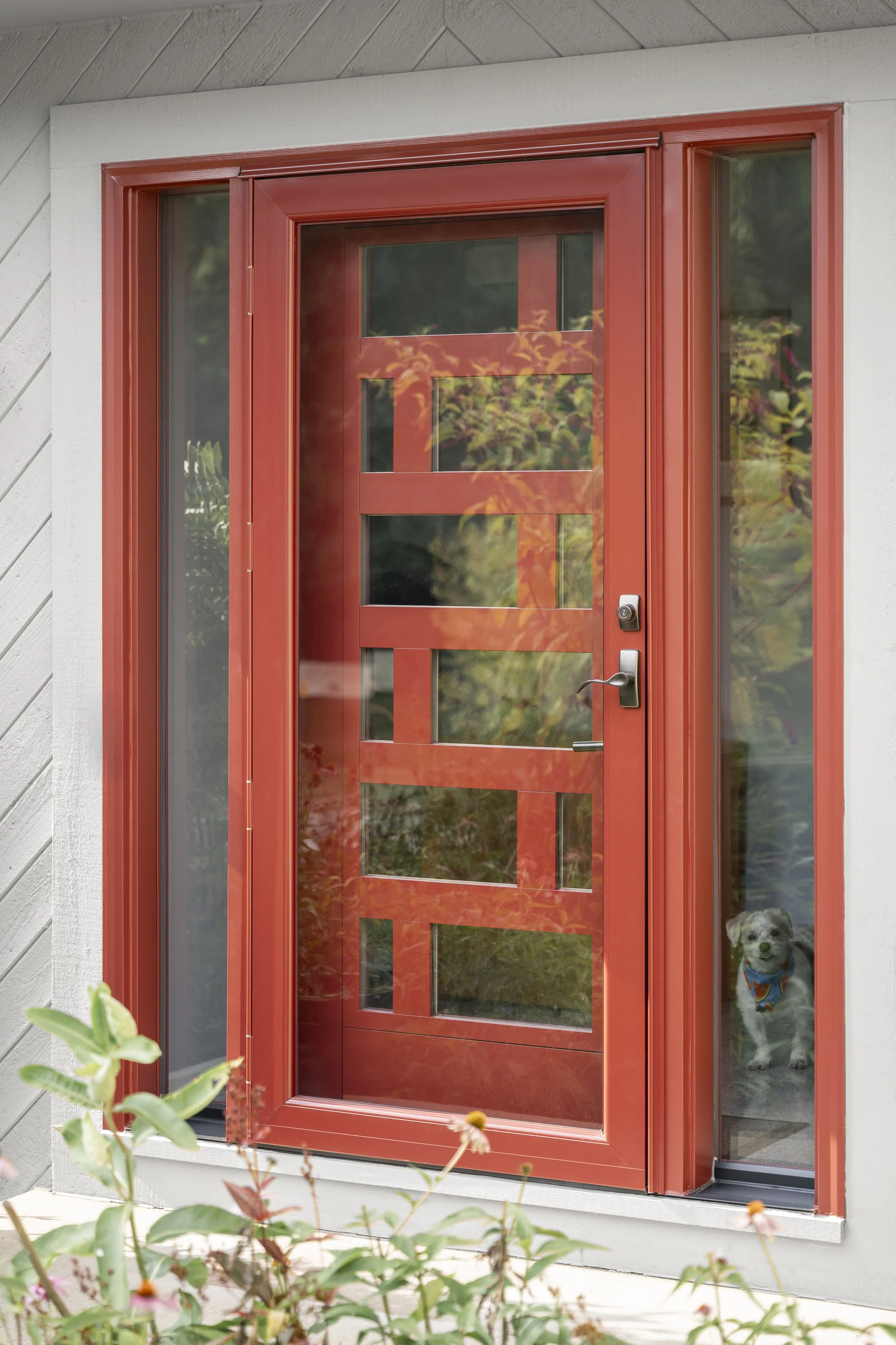 Red front door with glass panels, surrounded by white trim, with a dog visible through the glass window on the right side.