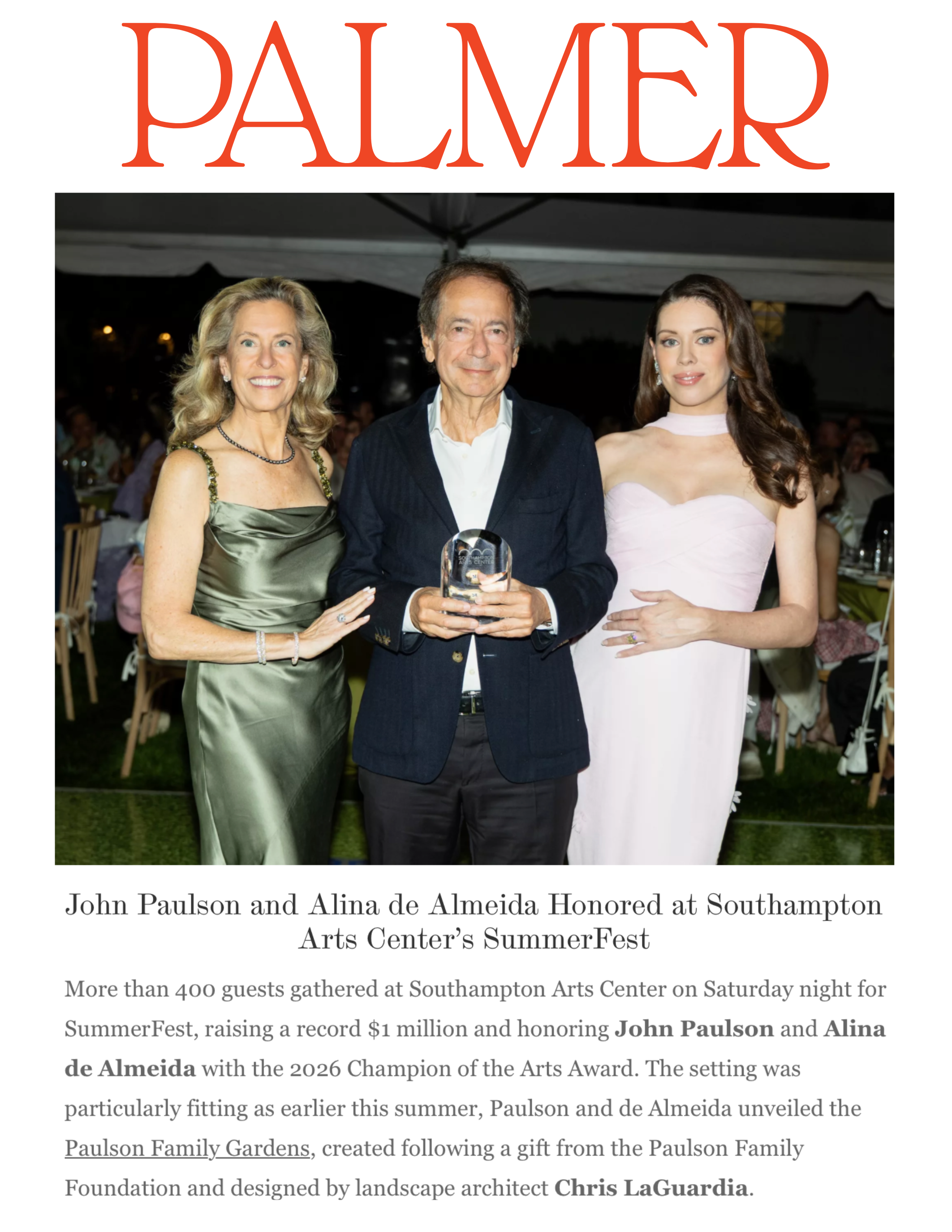 Palmer - John Paulson and Alina de Almeida Honored at Southampton Arts Center’s SummerFest