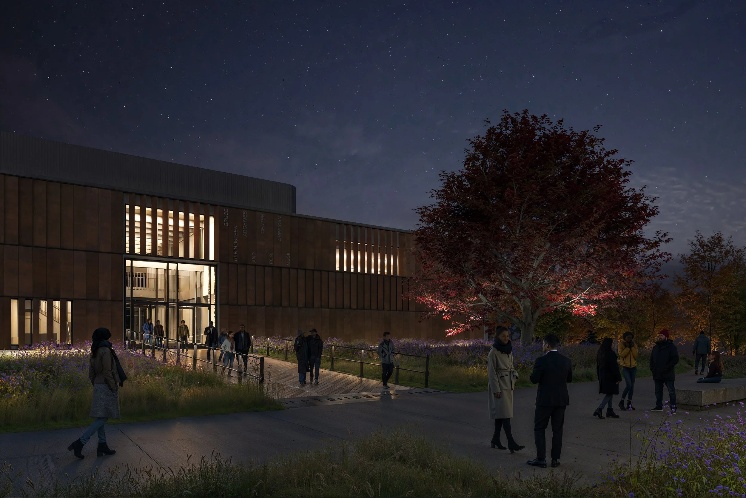 Nighttime scene of a modern building with people walking and gathering outside, illuminated by soft lighting, with trees and a starry sky in the background.