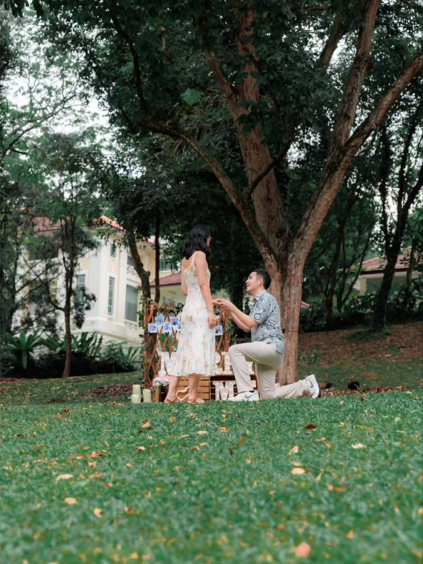 S + E 
Proposal at Fort Canning
It nearly didn't happen cause it was raining priors after and there was an umbrella of thick clouds over the whole area. 
It became a cooling proposal with sneaky perks from the setting sun which was a surprise to us!
