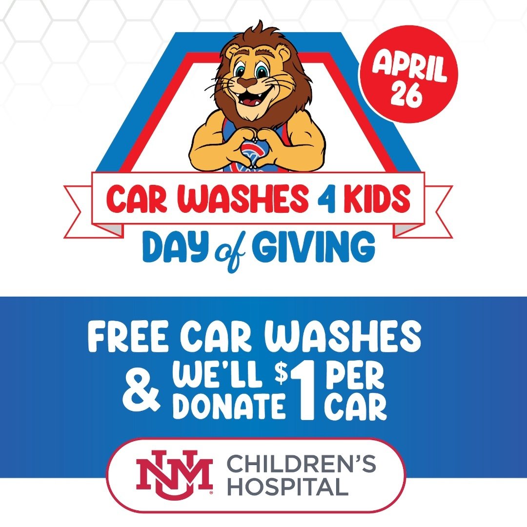 🚗 Go get your car washed! 
Join us for a cause! TODAY, April 26th, Champion Xpress carwashes across Albuquerque and nearby areas are giving away FREE washes all day! For every wash, they're donating $1 to the University of New Mexico Children&rsquo;