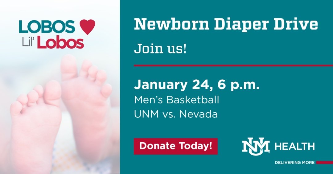 The Lobo Diaper Drive supports babies in the NICU at UNM Children&rsquo;s Hospital. 👶 

This Saturday you can bring diapers to the men&rsquo;s basketball game or give online to help families during a critical moment in their journey.

Small acts of 
