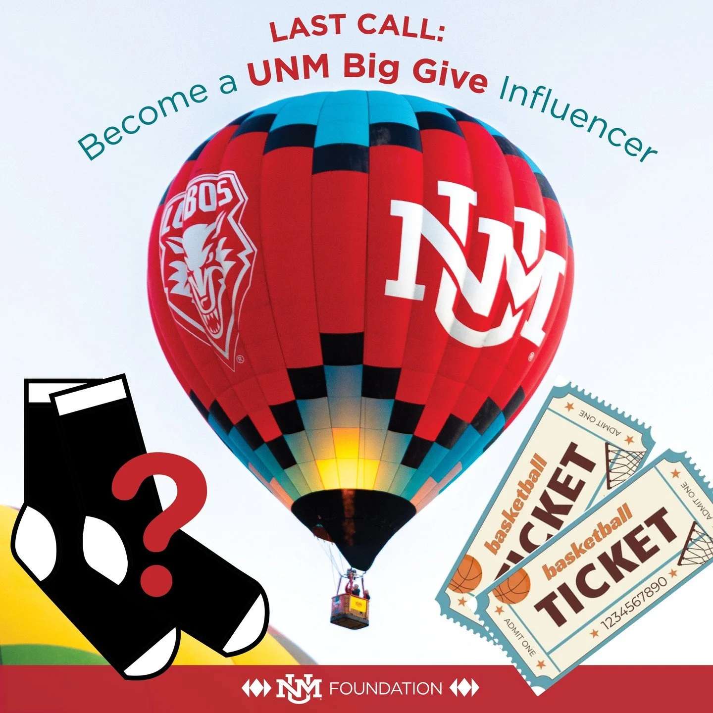 Become a UNM Big Give Influencer 🎈

No big following needed. One post, one text, one share can make a difference.

We&rsquo;ll set you up with everything you need to spread the word, including some UNM swag. Plus a chance to win a hot air balloon ri