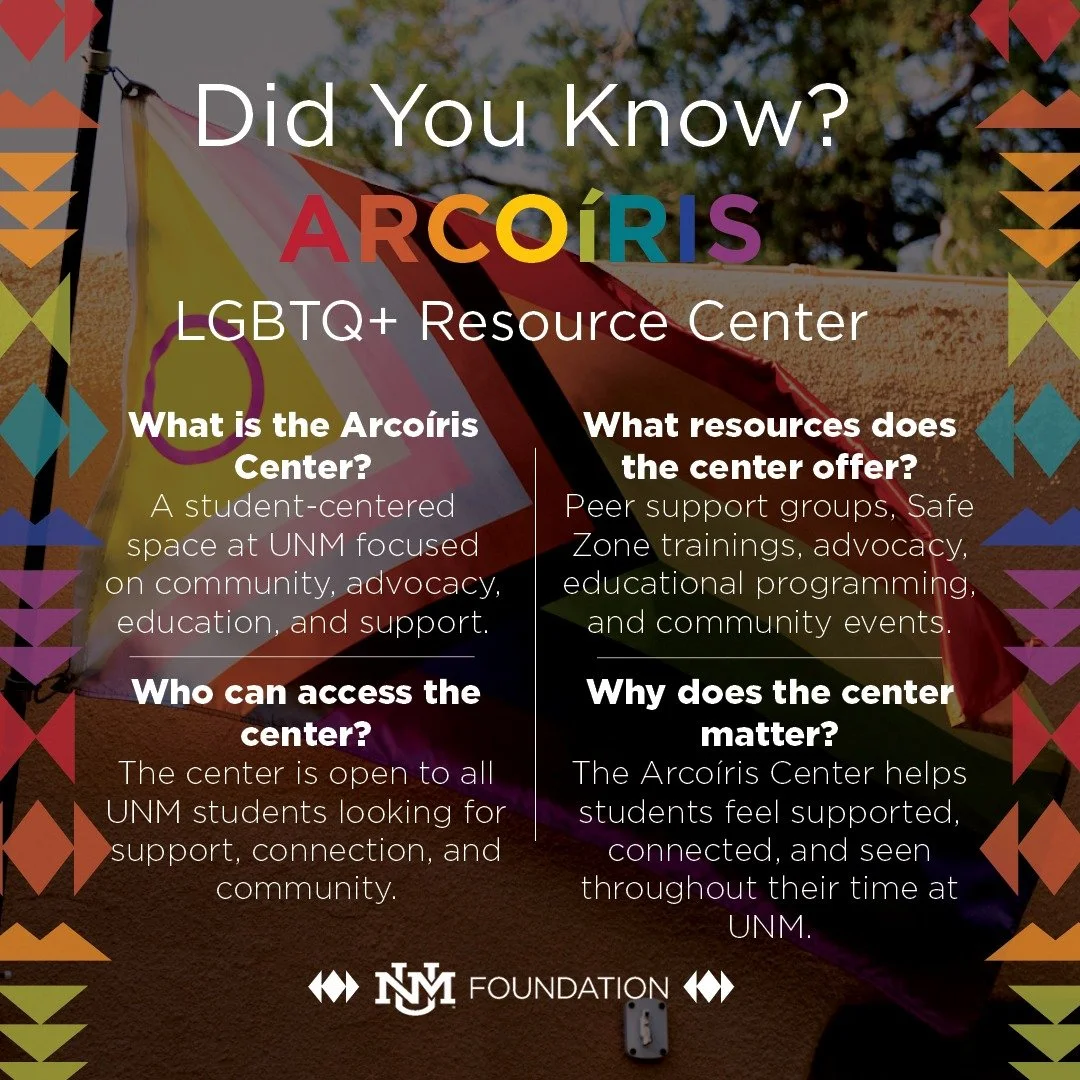 Community can make a meaningful difference in a student's college experience.

The Arcoiris Resource Center helps create opportunities for students to find connection, support, resources, and belonging at UNM.

💛 Interested in supporting the Arcoiri