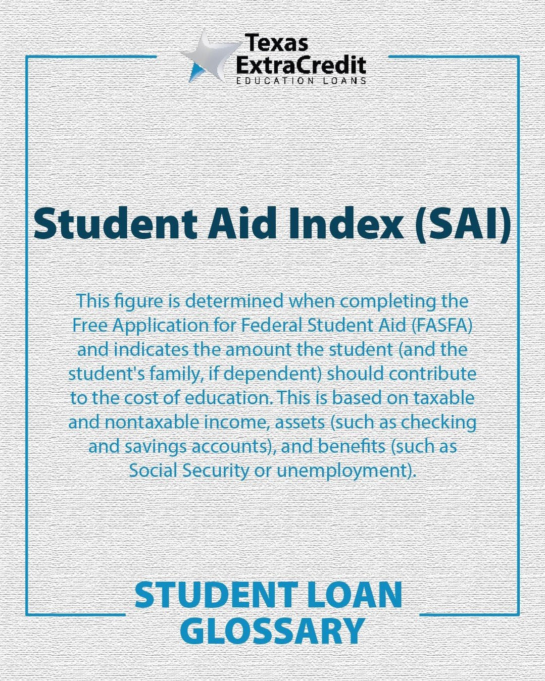 🎓 Empowering students and parents one term at a time! Learn the language of financial aid so you and your family can make informed decisions and take control of your borrowing journey.

#StudentLoanGlossary #FinancialTerms101 #TexasExtraCredit #Stud