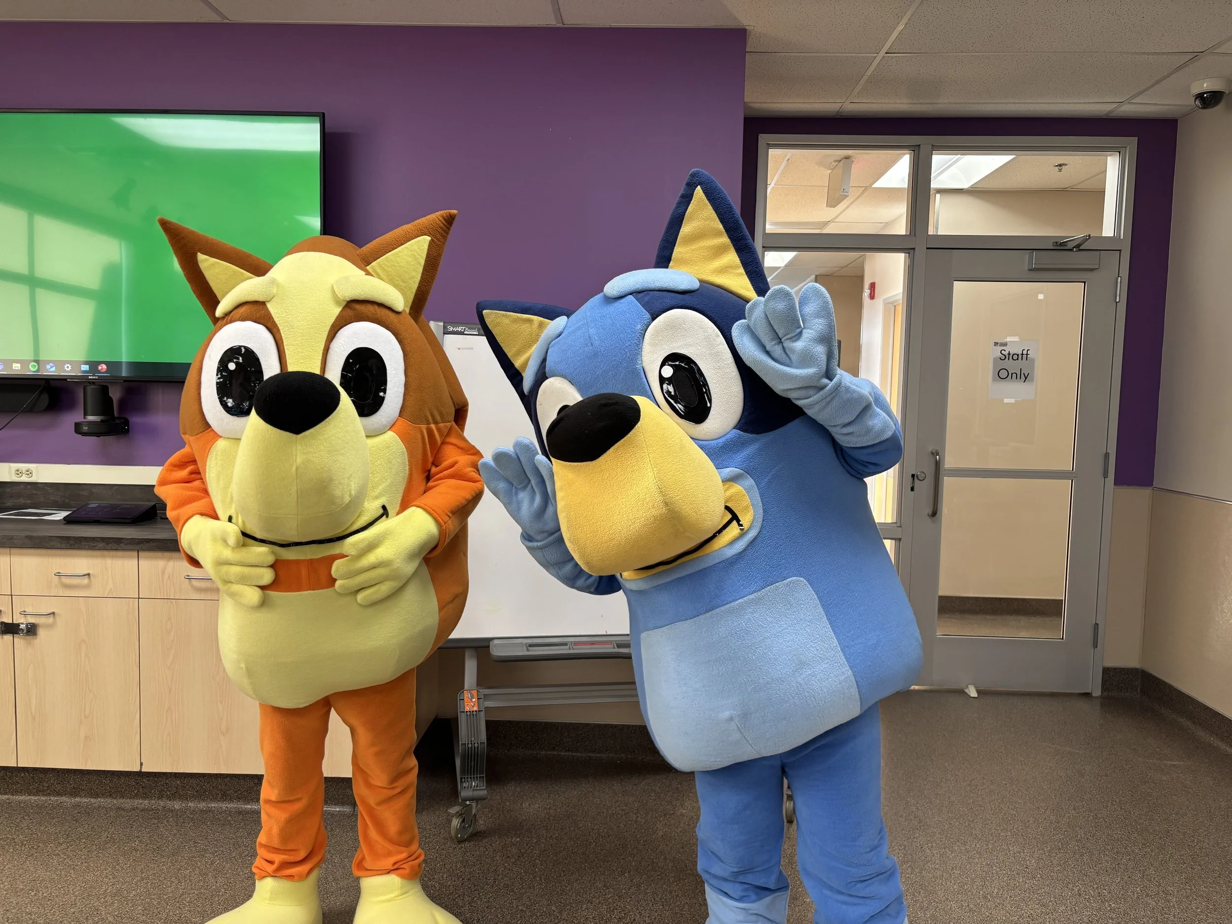 Bluey and Bingo  mascot characters. REady to visit your party or event, in the Edmonton area.