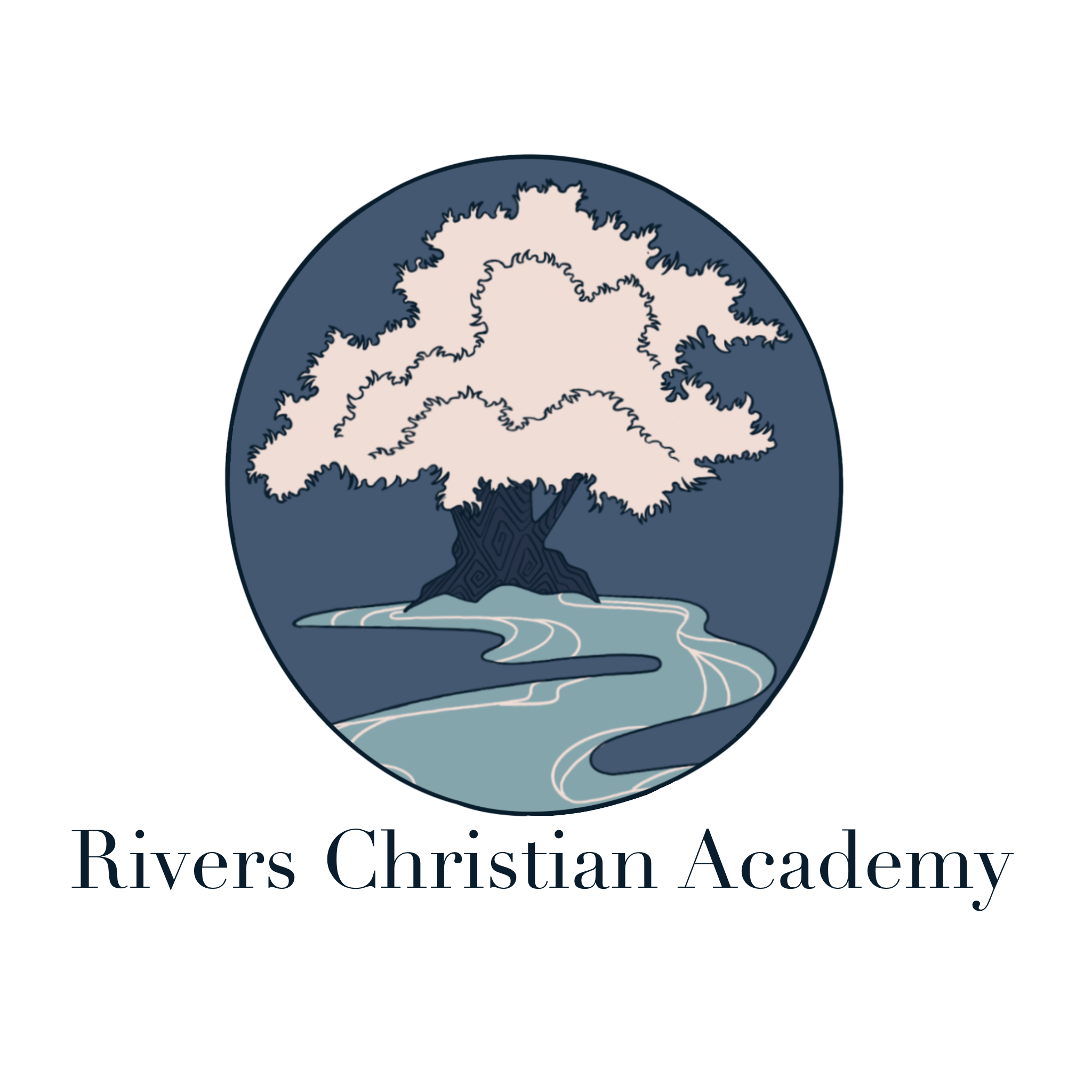 Preschool, Daycare Rockford IL Logo near me. Number #1 preschool and daycare Rivers Christian Academy Logo. Oak Tree planted by streams of water or river. Pink leaves, light blue river or stream logo with strong early childhood education, ECE.