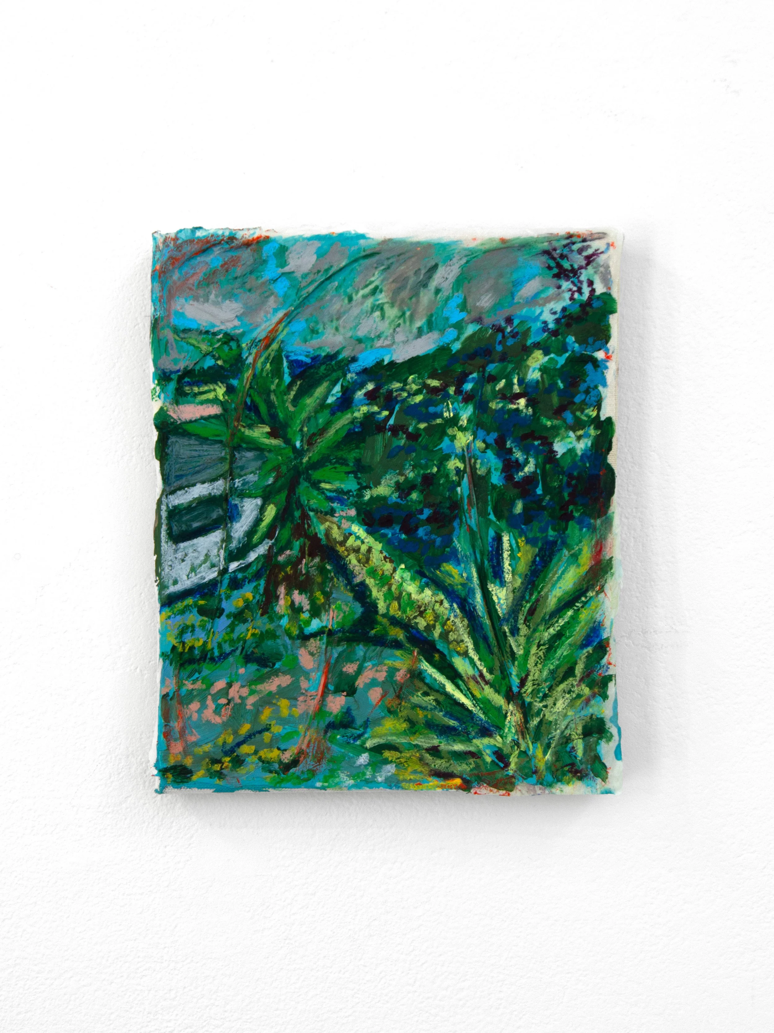 Una Casita en las Montañas, 8” x 10”, acrylic, oil pastel, and tracing paper on canvas, $175