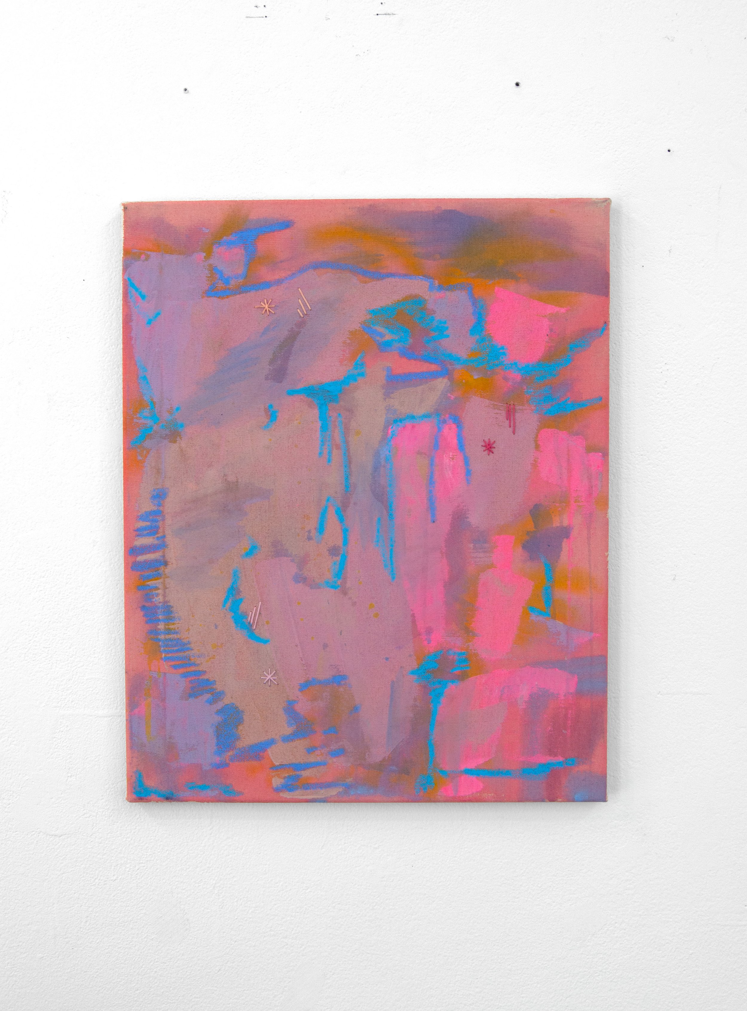 Outskirts, 16” x 20”, acrylic, acrylic ink, oil pastel, and embroidery on canvas, $450