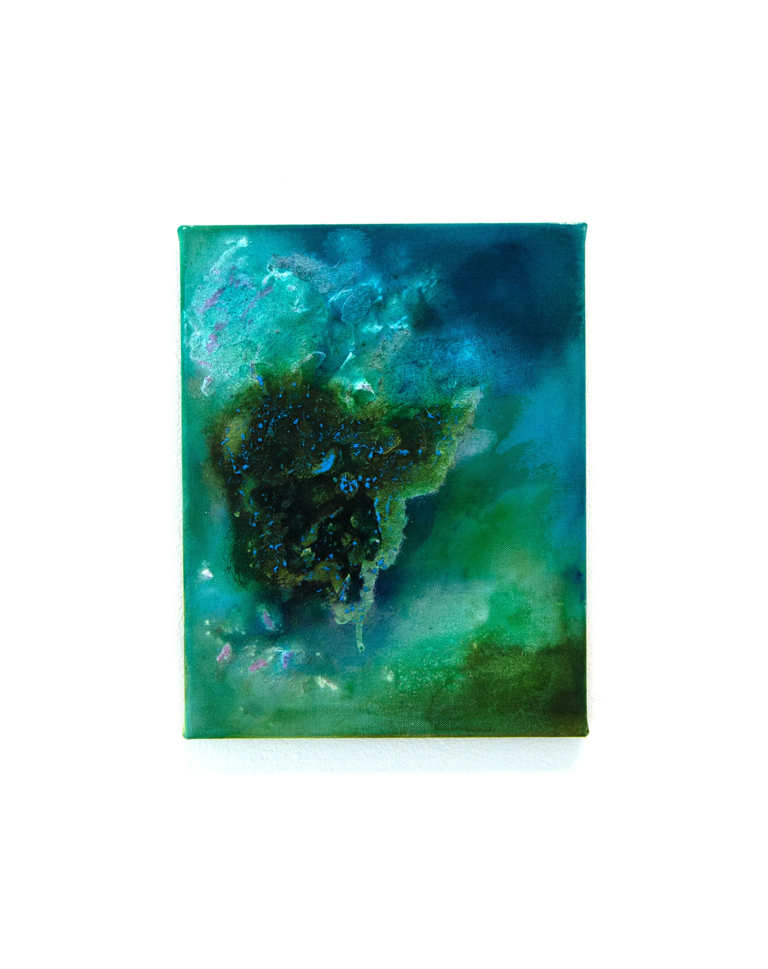 The Deep Below, 11” x 14”, acrylic, acrylic ink, oil pastel, and sand on canvas, 2025