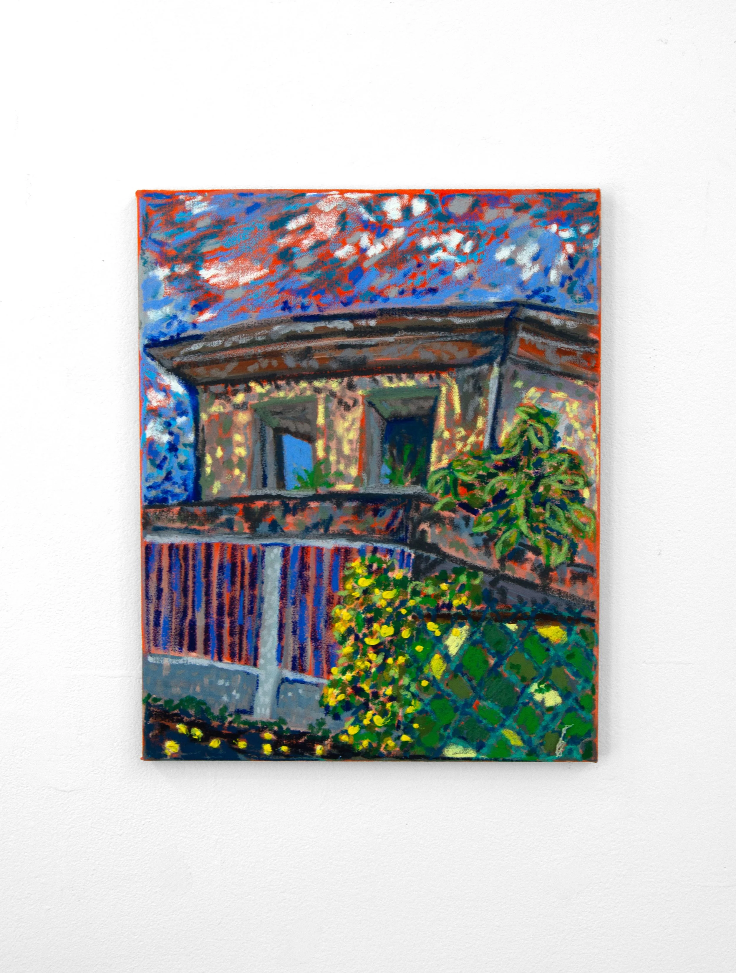 Across the Street, 16” x 20”, acrylic and oil pastel on canvas, 2026