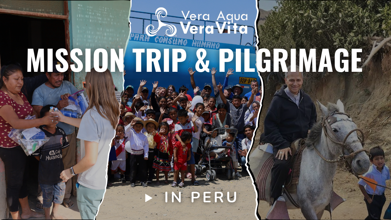 People participating in a mission trip and pilgrimage in Peru, including children, adults, and a man on horseback.