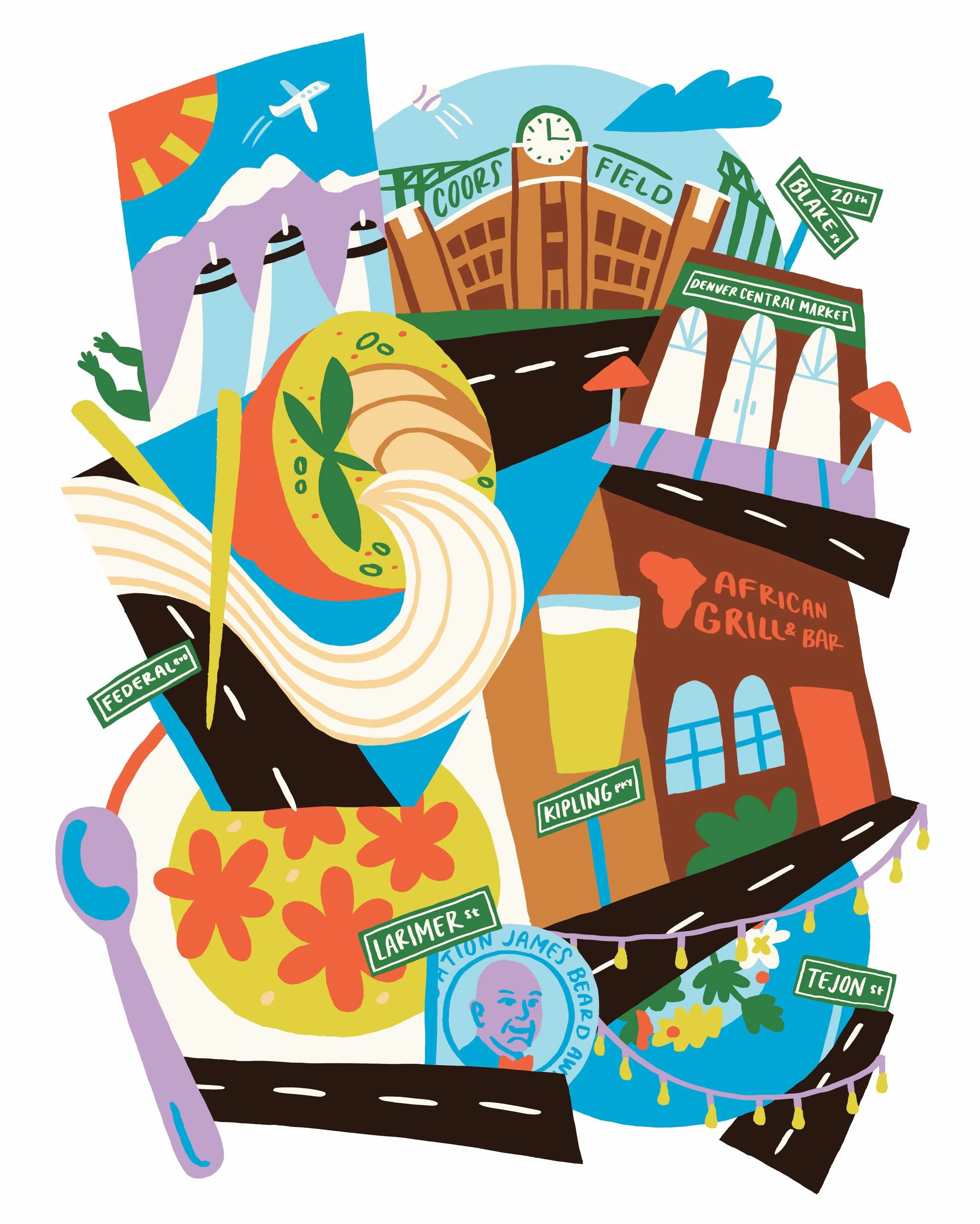 Excited to share my illustration for the summer issue of @edibledenver magazine! It was such a fun feature to pull tidbits from and celebrate Denver&rsquo;s food scene ✨