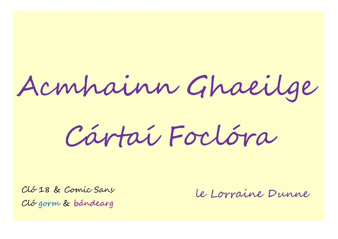 Acmhainn Ghaeilge - Cártaí Foclóra - Cló 18 & Comic Sans, Cló gorm & bándearg