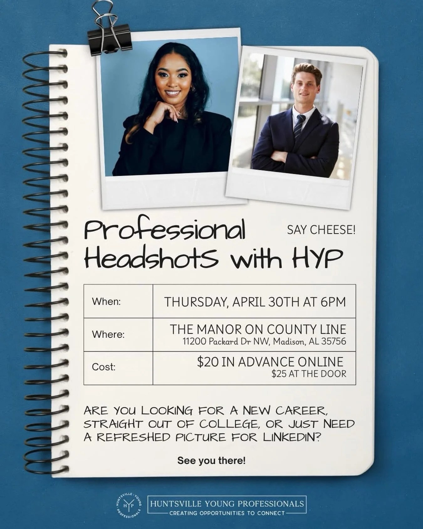 Join HYP for an exciting networking event where you can connect with fellow professionals and elevate your personal brand with a professional headshot.

Bring your business cards and take advantage of the opportunity to mingle, build meaningful conne
