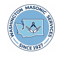 Logo of Washington Masonic Services featuring an outline of Washington state, a Masonic square and compass inside a boat, and the text 'Washington Masonic Services Since 1927' surrounding the design.