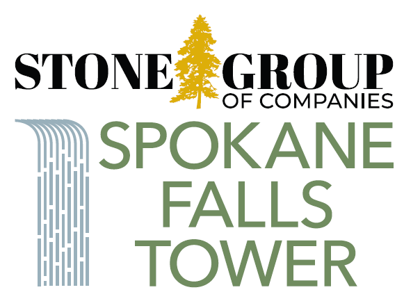 Stone Group of Companies Spokane Falls Tower logo with a pine tree graphic