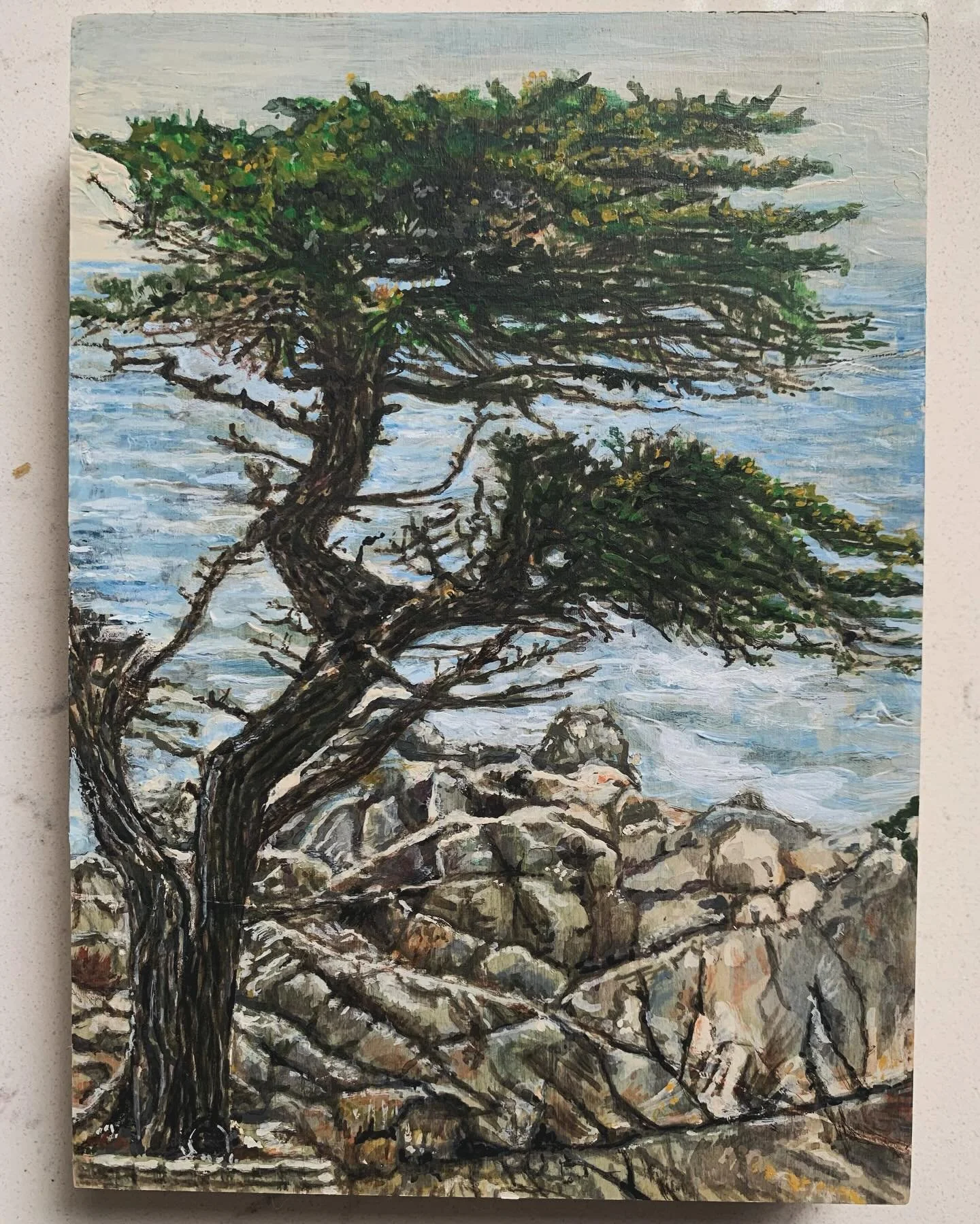 Lone Cypress. 5x7 inches acrylic and watercolor on panel 2024 #tree #cypress #monterey #pebblebeach #carmel