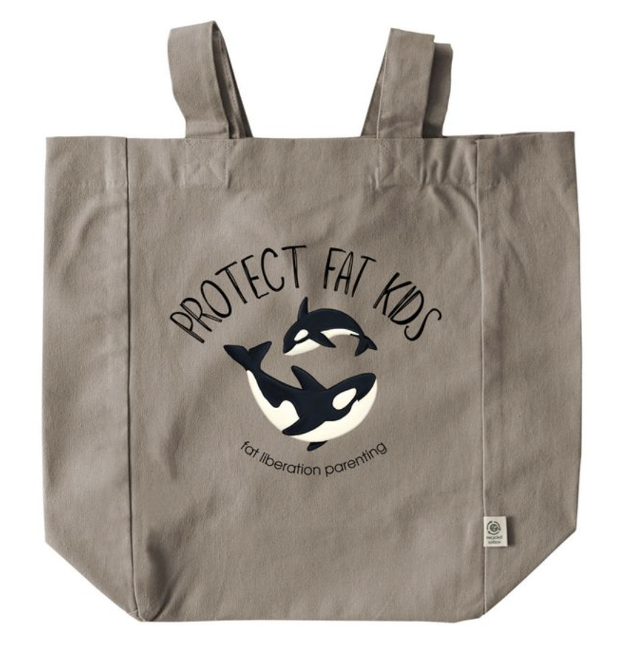 brown tote bag with Protect Fat Kids and adult and baby orcas with fat liberation parenting.