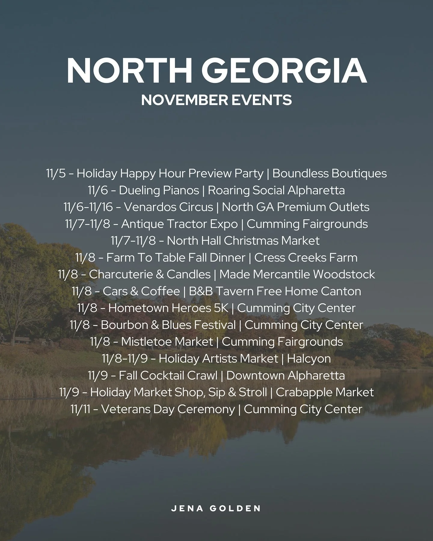 Swipe for your North Georgia November event cheat sheet ➡️

Can you believe it&rsquo;s already November? 🍂

The leaves are changing, the air is crisp, and North Georgia is packed with things to do, from fall festivals and farmers markets to holiday 
