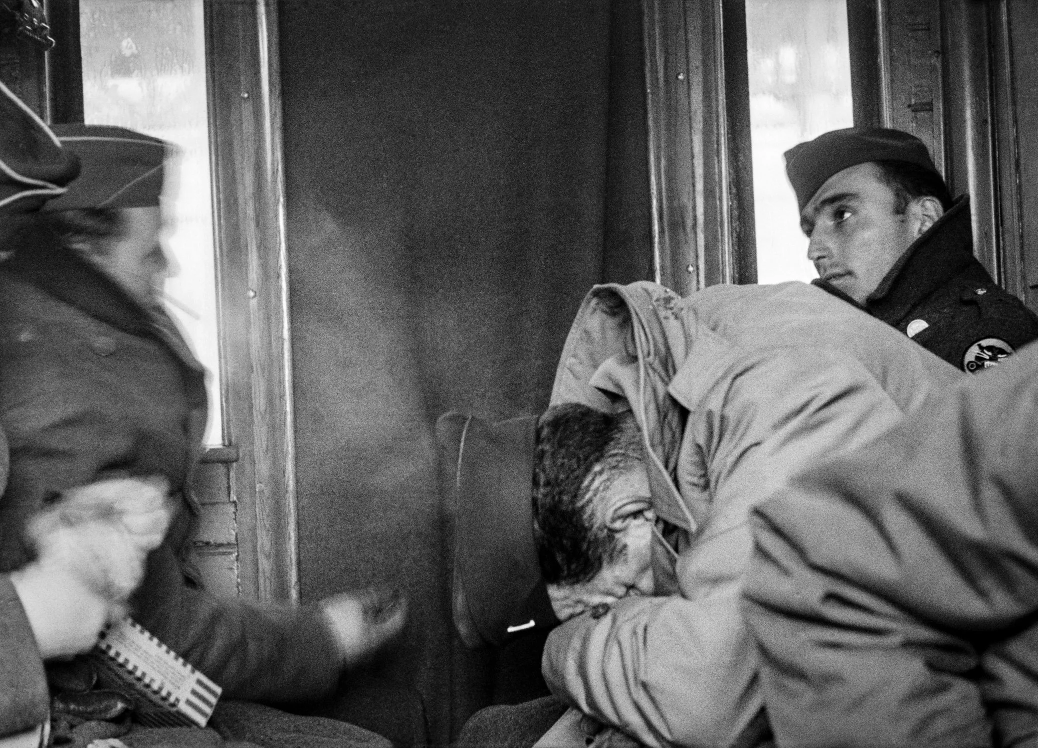 Soldiers on a French train, 1945, on their way home