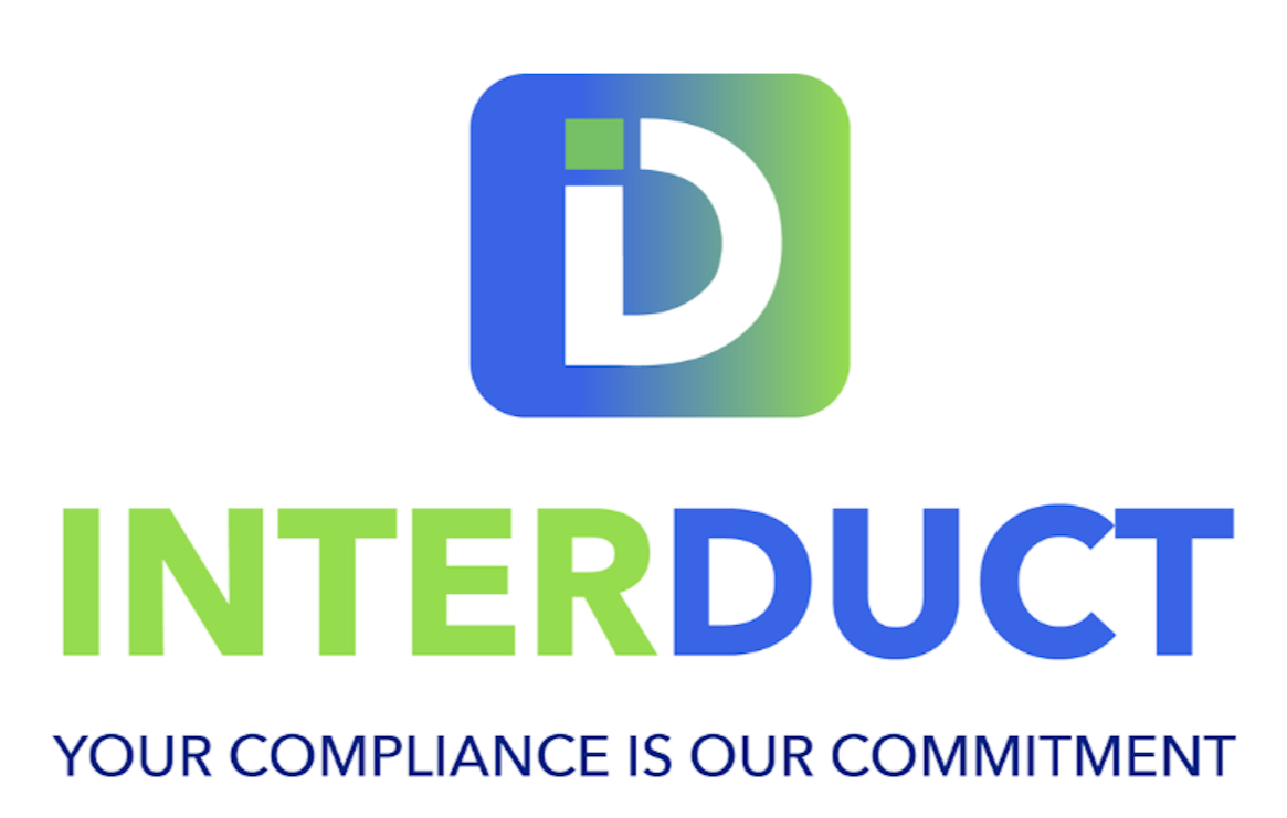 Logo for INTERDUCT with a stylized 'iD' inside a green and blue gradient square, and the tagline 'YOUR COMPLIANCE IS OUR COMMITMENT' below.