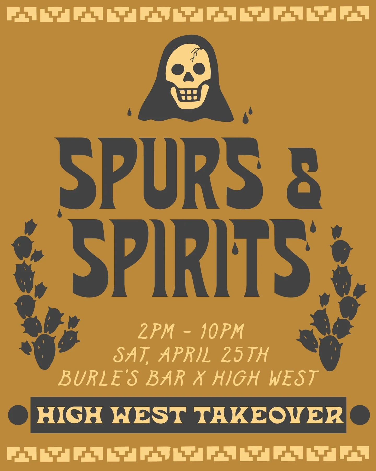 Saddle up 🤠

Join us at Burle&rsquo;s Bar on Saturday, April 25th from 2&ndash;10pm for another Spurs &amp; Spirits &mdash; a High West takeover packed with bourbon, games, music, tattoos, and good times.

We&rsquo;ll have:
&bull; Free bourbon shots